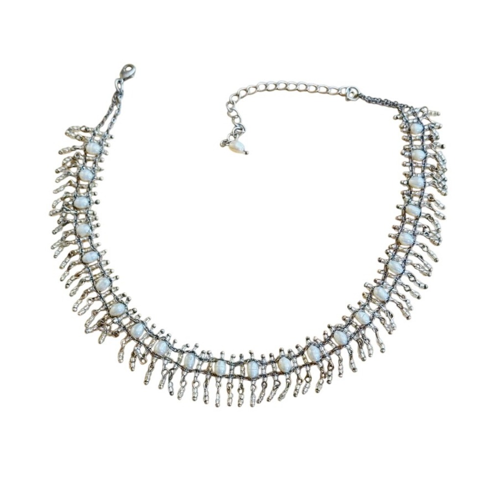 BOHO Y2K Seed Freshwater Pearl Glass necklace Brass Waterfall Cascade Fringe 15"